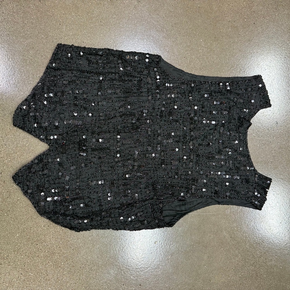 Sweet Sue Vintage Black Beaded Silk Sequin Vest Women Medium Hook Eye Closure - Picture 4 of 7